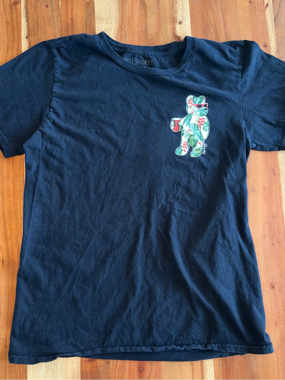 Riot Society Kids Black Graphic Tee with Tropical Bear size S #007